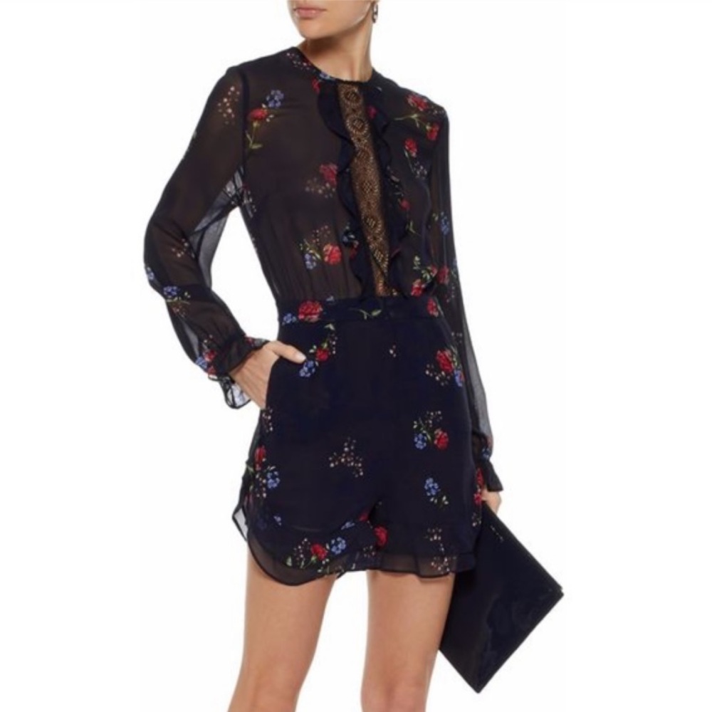 NICHOLAS 100% Silk Navy Blue Lacey Floral Romper, Size US 4